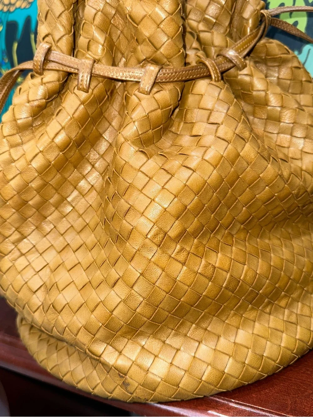 Vintage Bally International Woven Leather Drawstring Bucket Bag Lambskin Italy